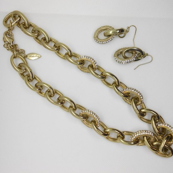 Coldwater Creek Gold Chunky Pave Crystal Chain Link Necklace and Earrings - Picture 4 of 4